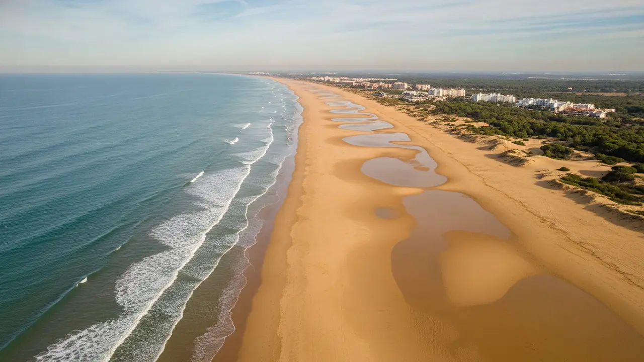 Playa de arena dorada y mar con olas, vista desde el aire