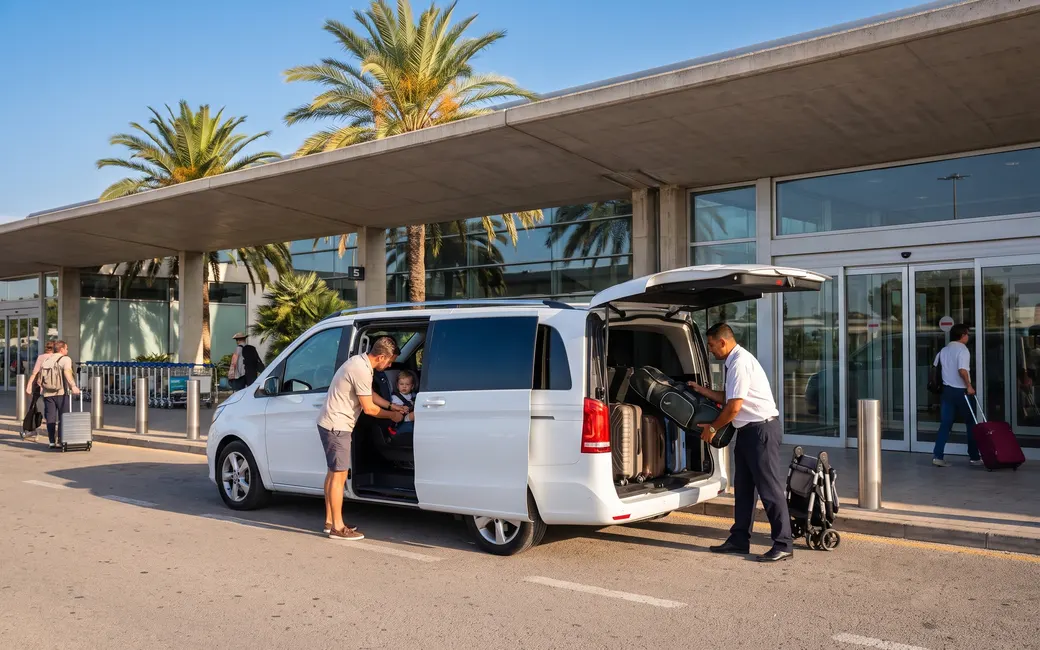 White van with its boot full of luggage outside a terminal entrance