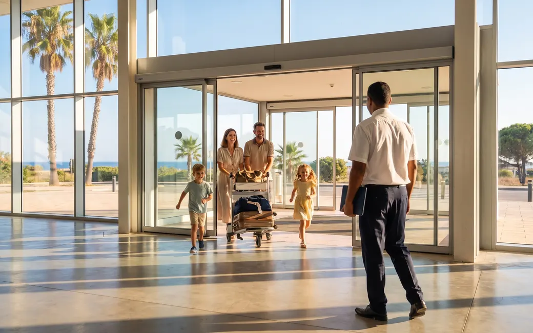 Family with two children and a luggage trolley entering a terminal, with a man in a white shirt waiting